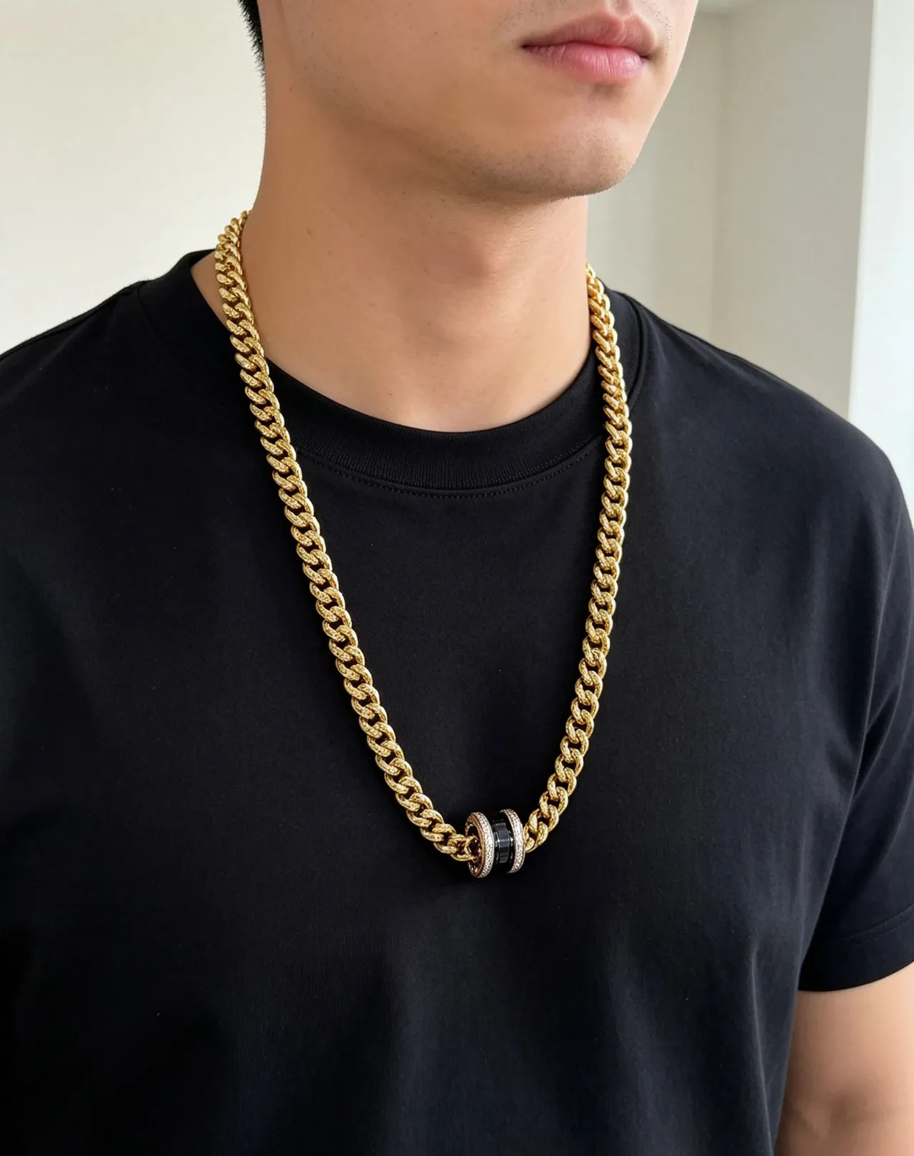 Bvlgari Collier Chaîne Curb-Link Or Noir Chaîne Céramique Centre Double Anneau 4
