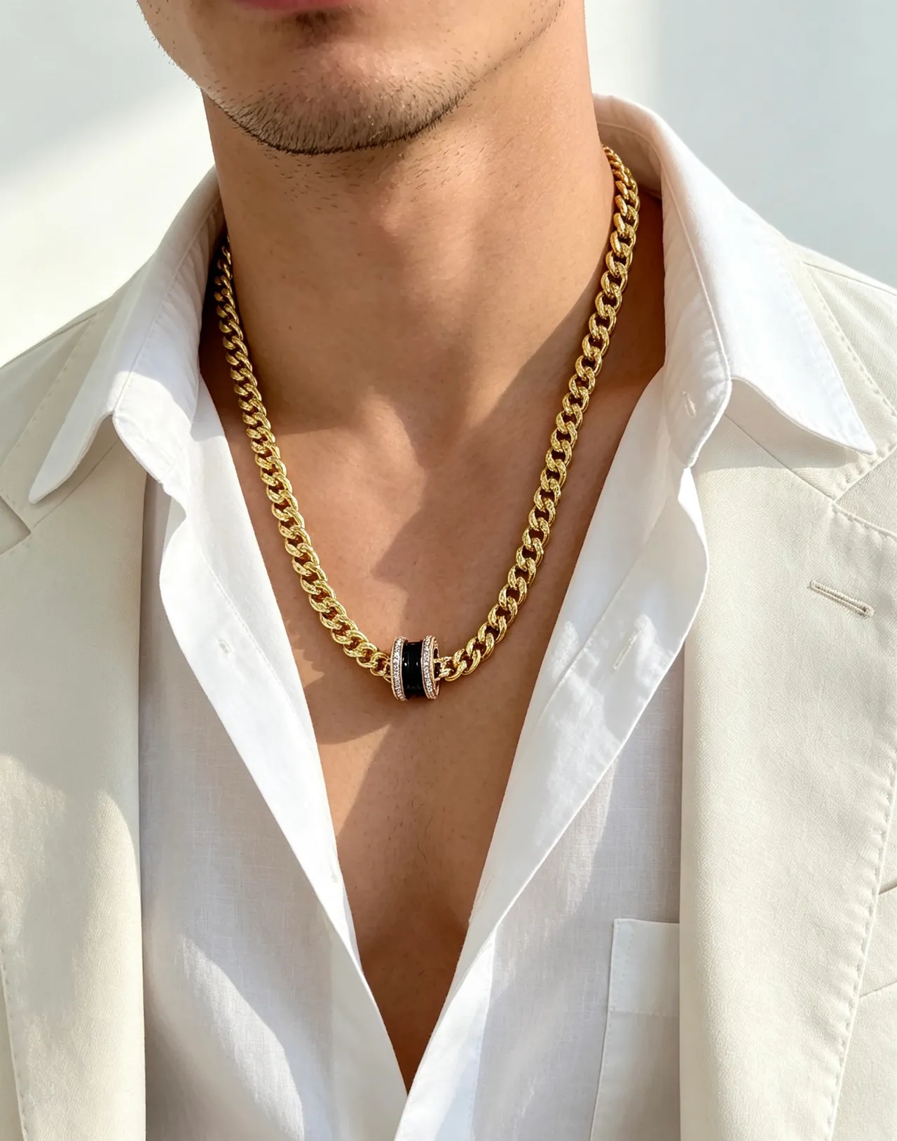 Bvlgari Collier Chaîne Curb-Link Or Noir Chaîne Céramique Centre Double Anneau 8