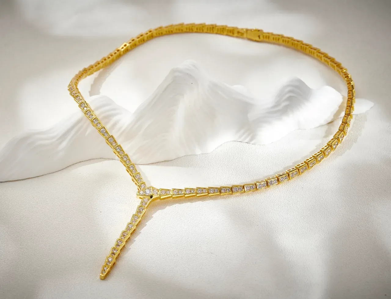 Bvlgari Gold White Articulated Geometric Links Pavé-Set Stones Necklace 6