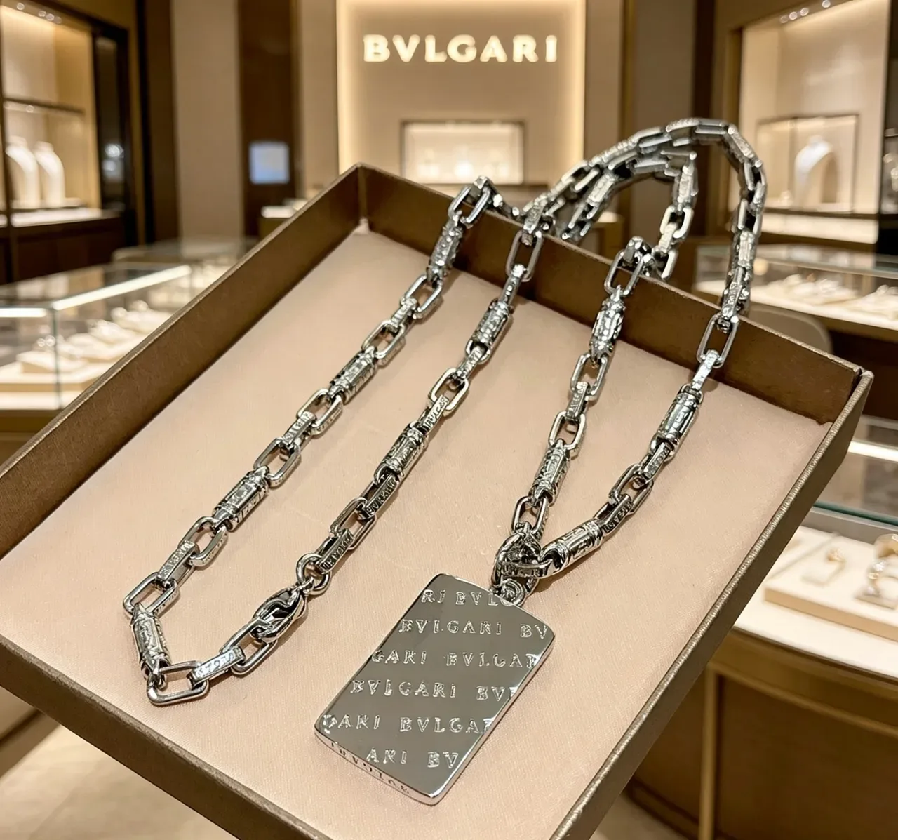Bvlgari Iconic Tag Silver Link Chain Engraved Tag Necklace 7
