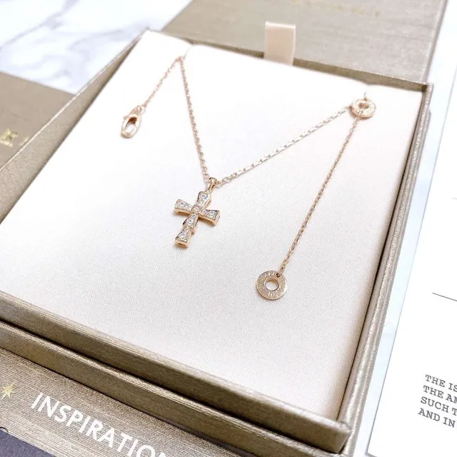 Bvlgari Silver Gold Pavé-Set Cross Pendant Necklace 4