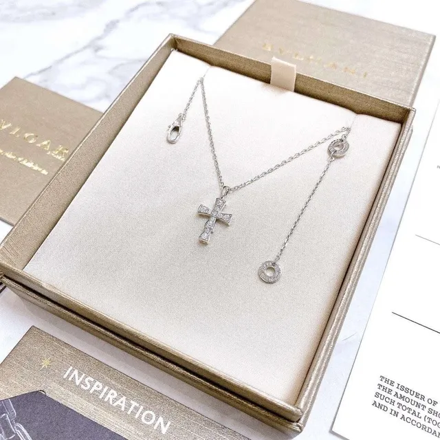 Bvlgari Silver Gold Pavé-Set Cross Pendant Necklace 7