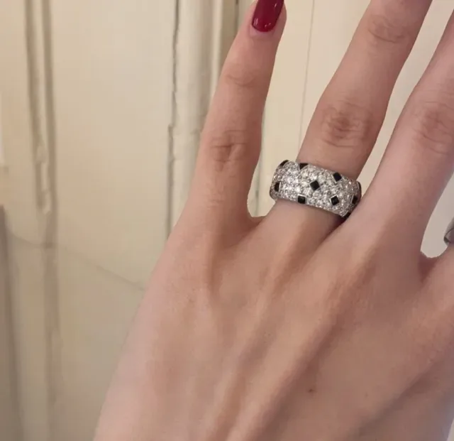 Cartier Silver Black Pavé-Set Enamel Squares Ring 9