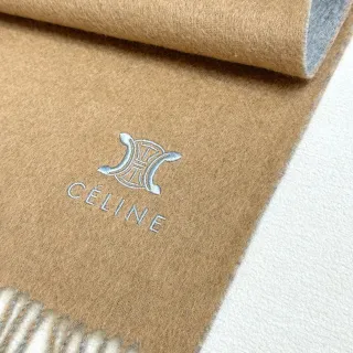 Celine Embroidered Triomphe Logo Camel and Gray Cashmere Scarf