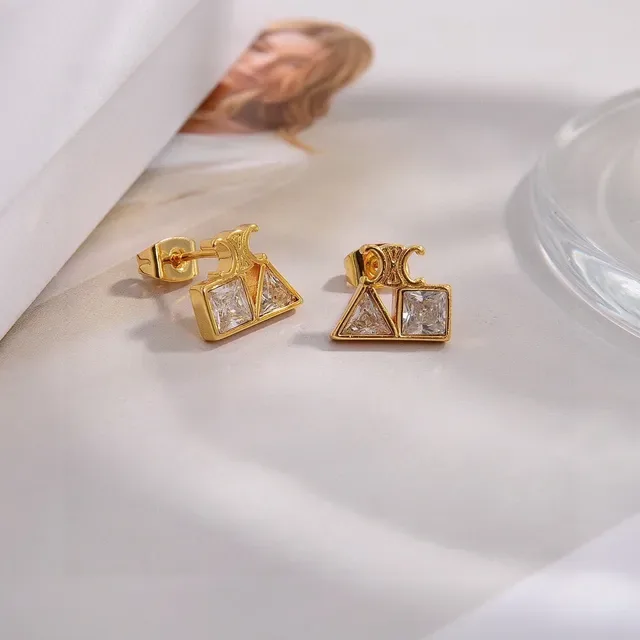 Celine Triomphe Geometric Crystal Gold-Tone Stud Earrings 2
