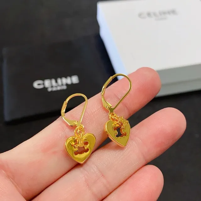 Celine Triomphe Gold Black Heart-Shaped Earrings 3