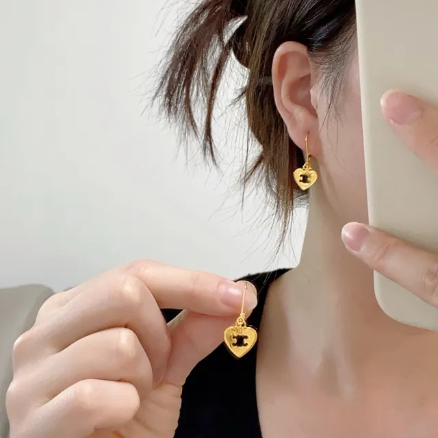 Celine Triomphe Gold Black Heart-Shaped Earrings 9