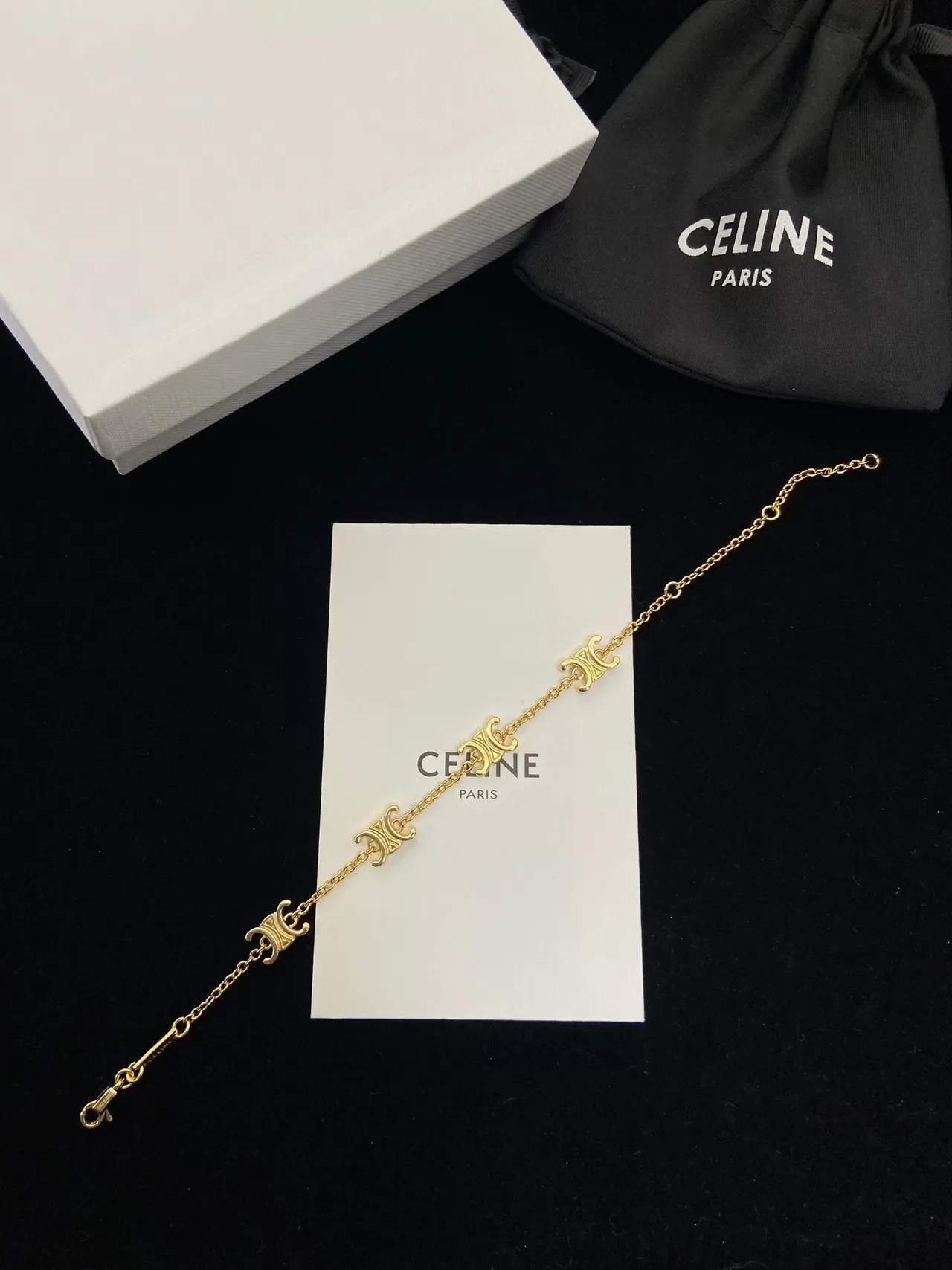 Celine Triomphe Bracelet Chaîne Motif Logo Ton Doré 6