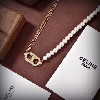Celine Triomphe Pearl and Gold-Tone Logo Necklace