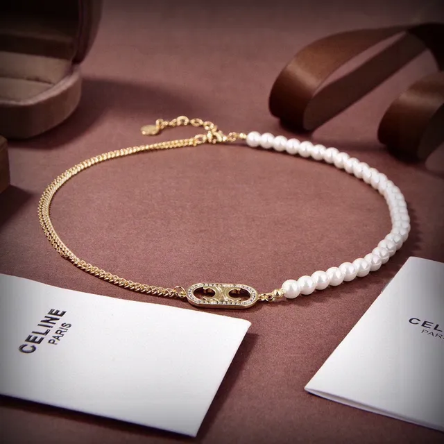 Celine Triomphe Pearl and Gold-Tone Logo Necklace 2