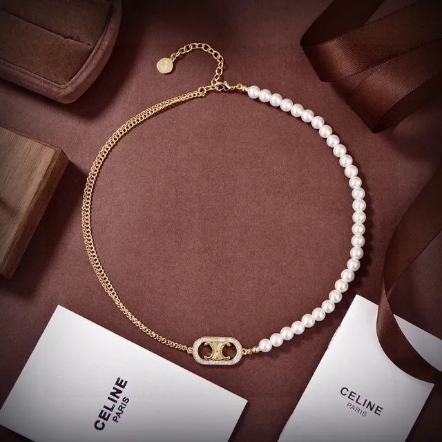 Celine Triomphe Pearl and Gold-Tone Logo Necklace 3