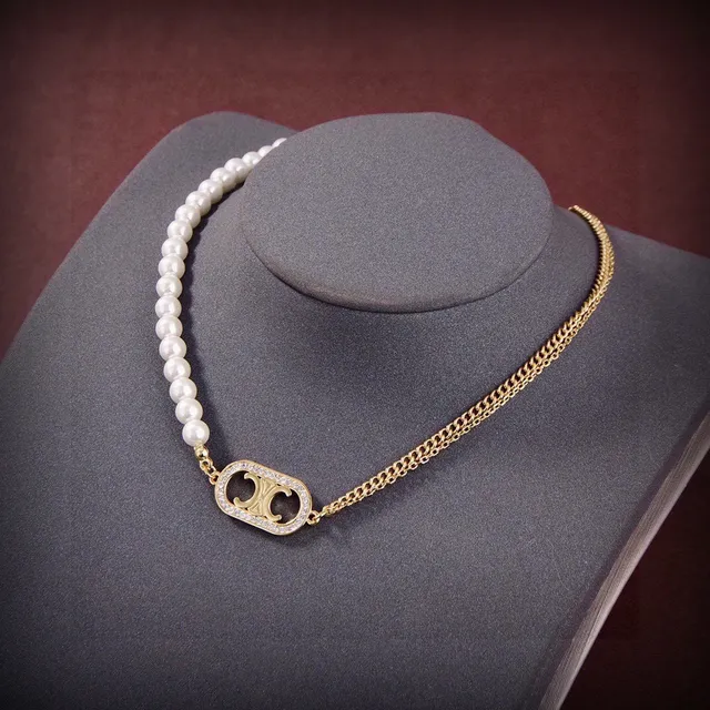 Celine Triomphe Pearl and Gold-Tone Logo Necklace 4