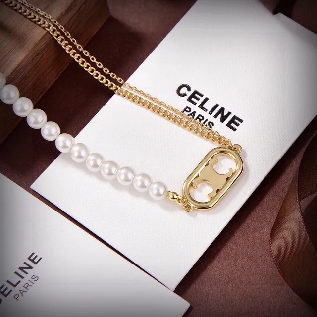 Celine Triomphe Pearl and Gold-Tone Logo Necklace 5