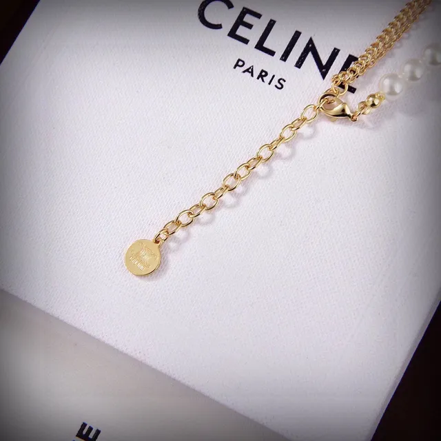Celine Triomphe Pearl and Gold-Tone Logo Necklace 6