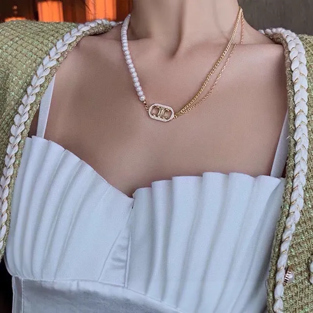 Celine Triomphe Pearl and Gold-Tone Logo Necklace 7