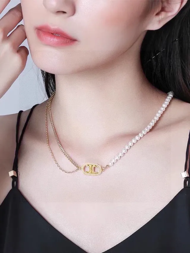 Celine Triomphe Pearl and Gold-Tone Logo Necklace 8