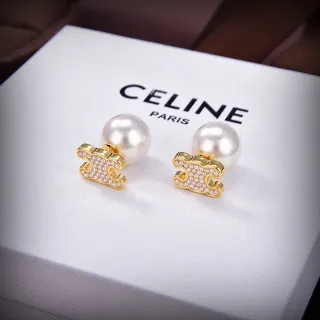 Celine Triomphe Pearl-Back Gold-Tone Logo Stud Earrings