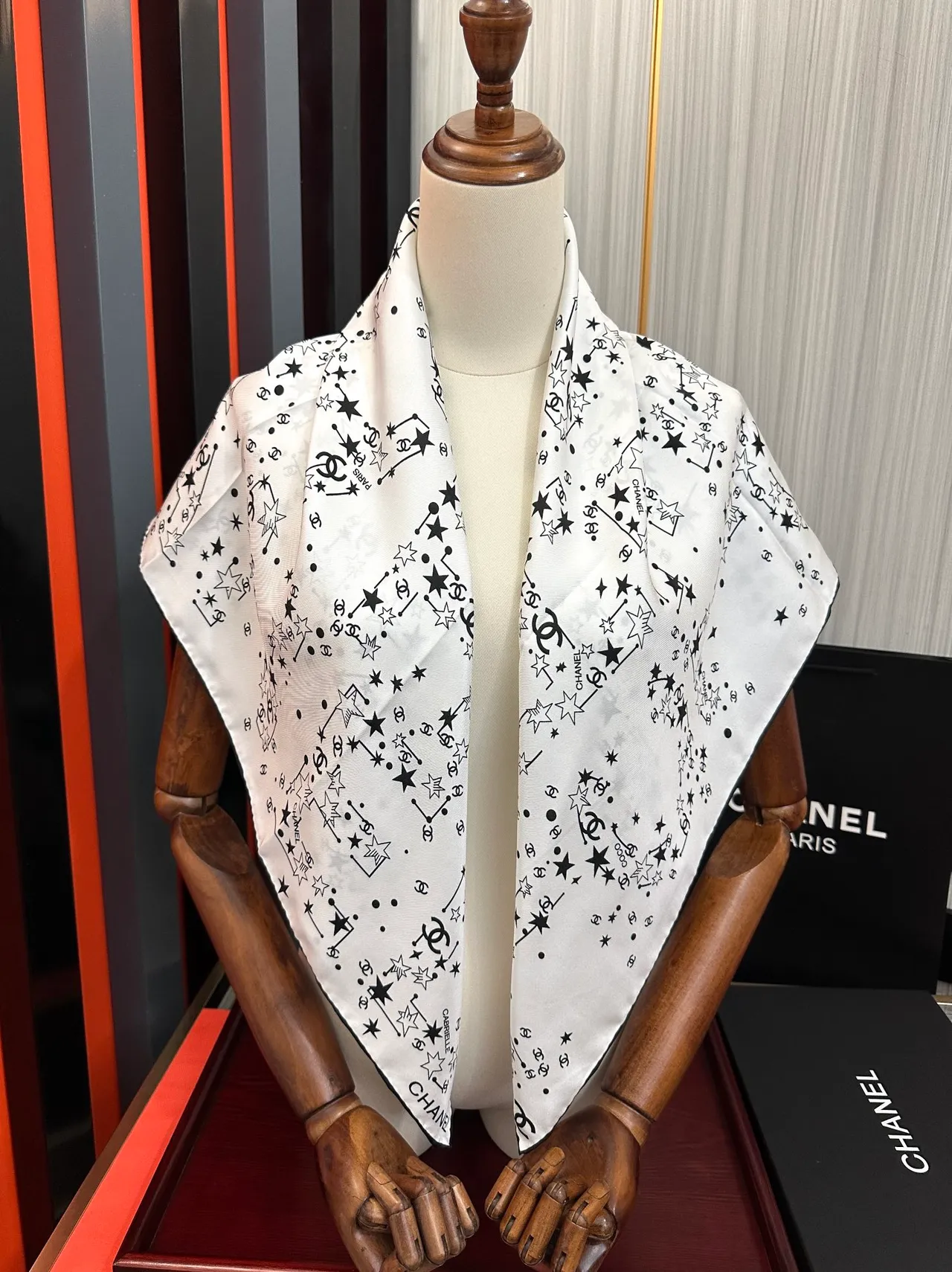 Chanel Beige Black Square Constellation Print Silk Scarf 2