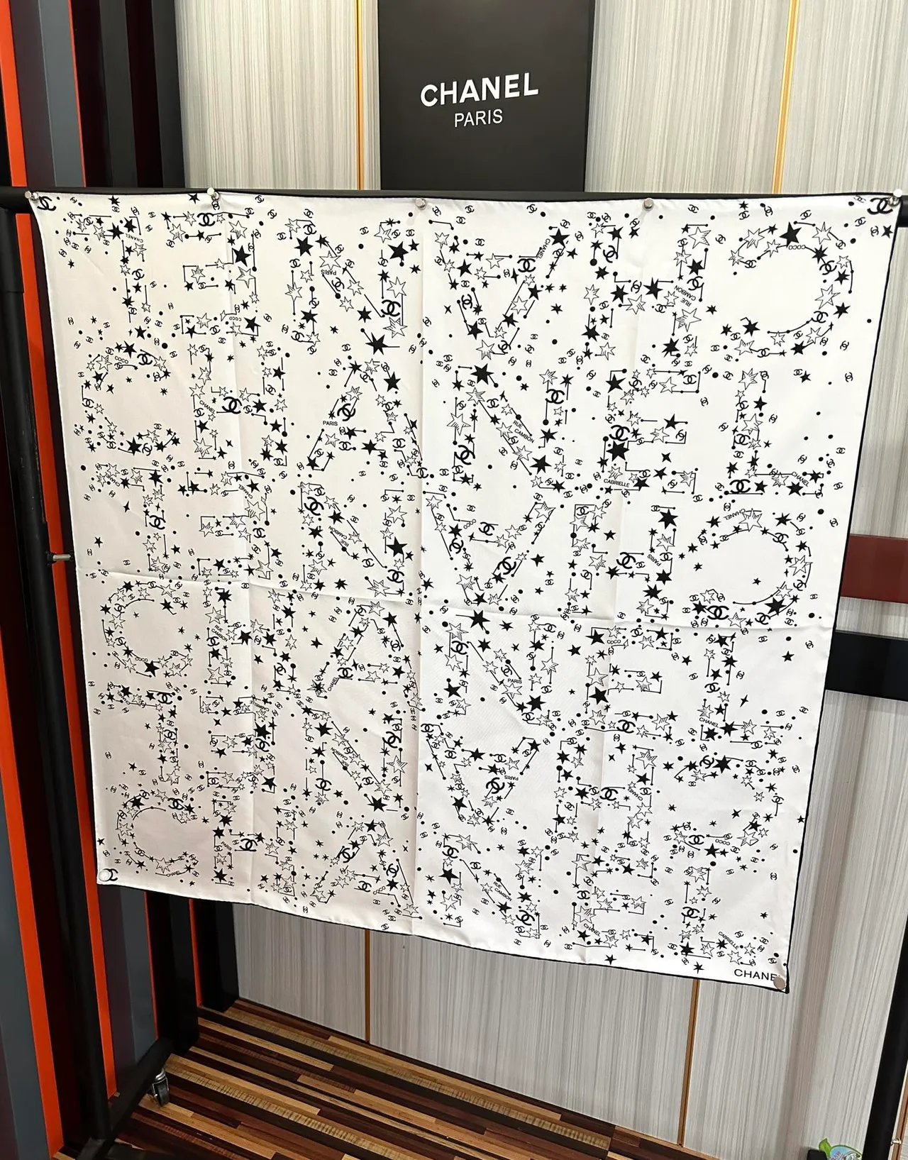 Chanel Beige Black Square Constellation Print Silk Scarf 3