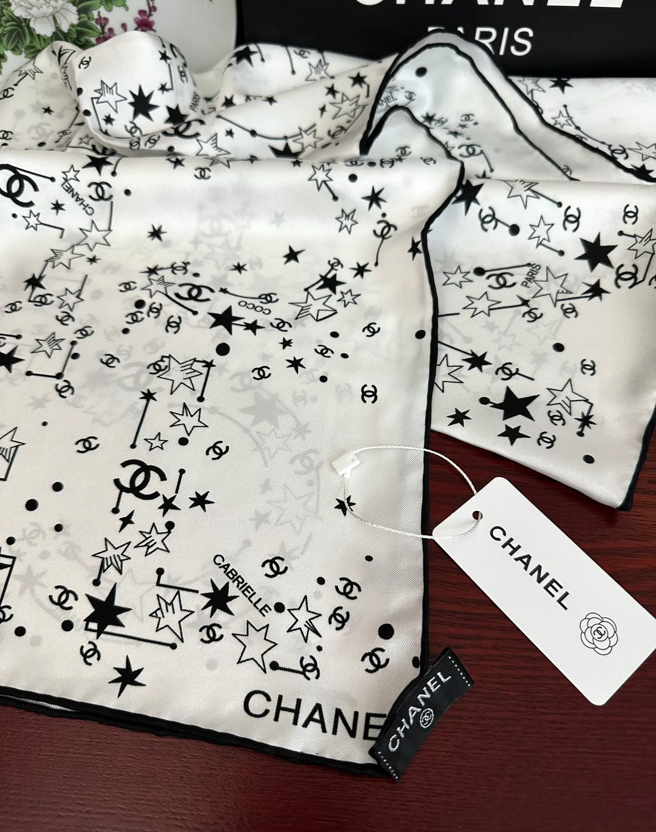 Chanel Beige Black Square Constellation Print Silk Scarf 4