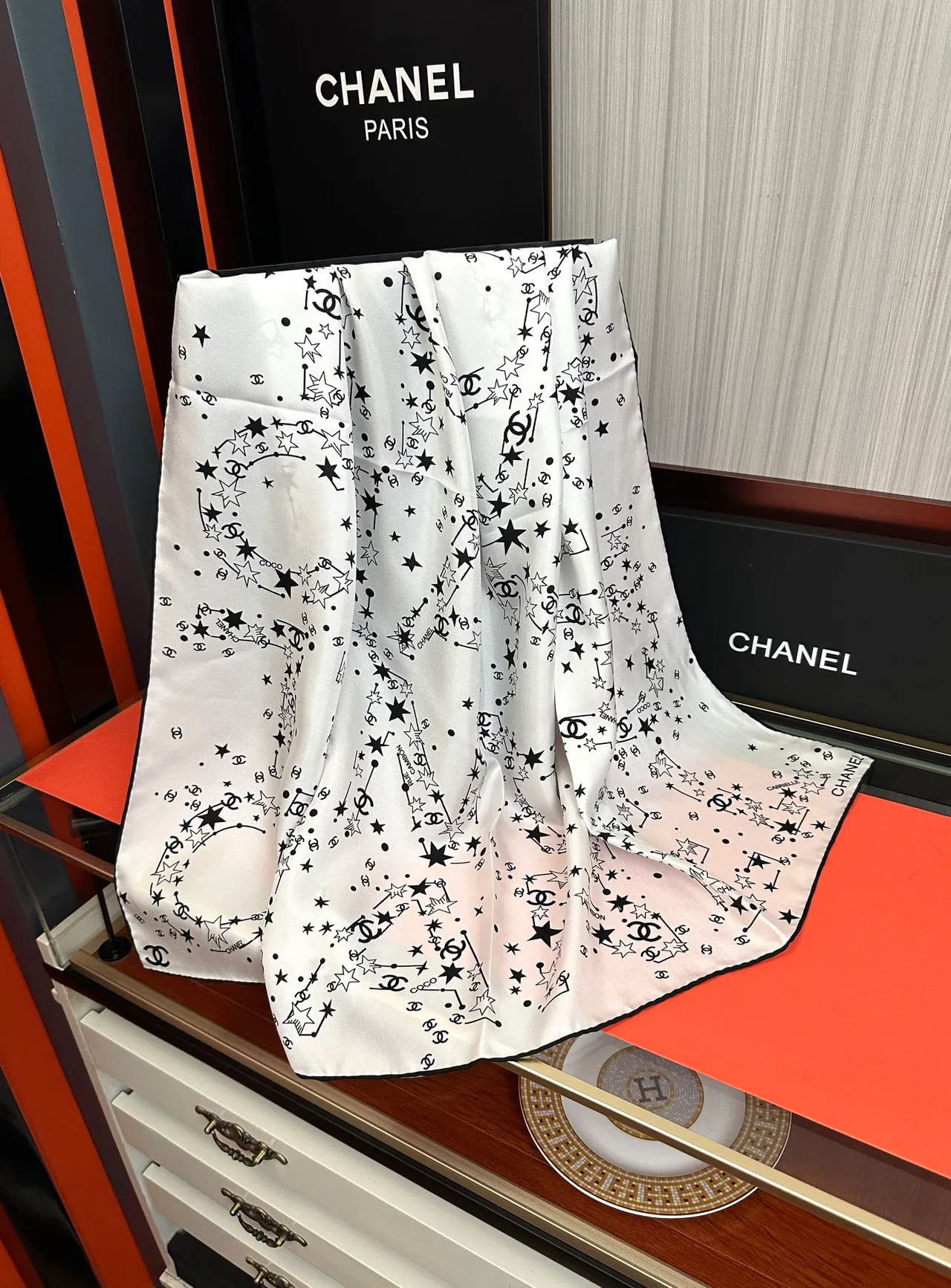 Chanel Beige Black Square Constellation Print Silk Scarf 5