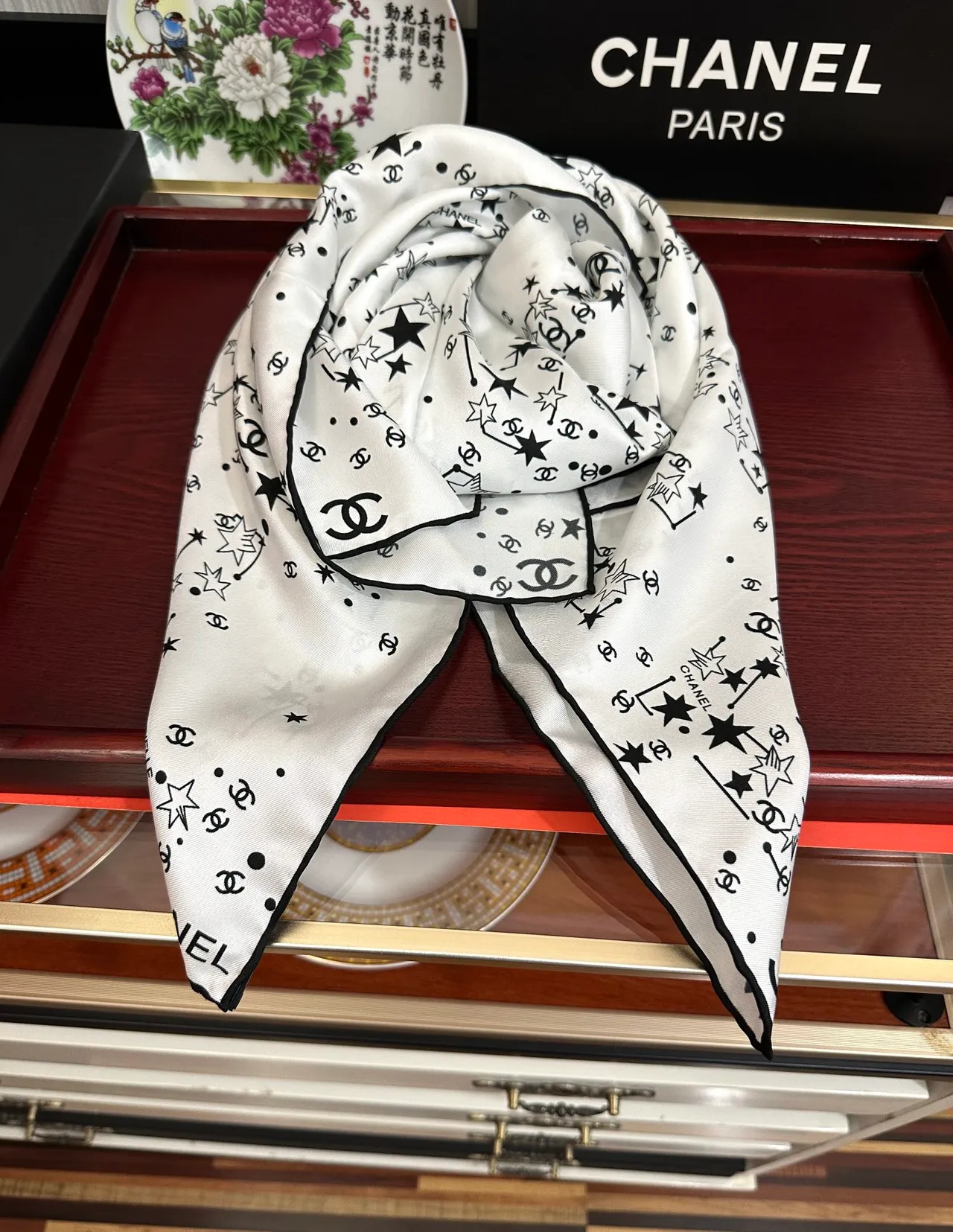 Chanel Beige Black Square Constellation Print Silk Scarf 7
