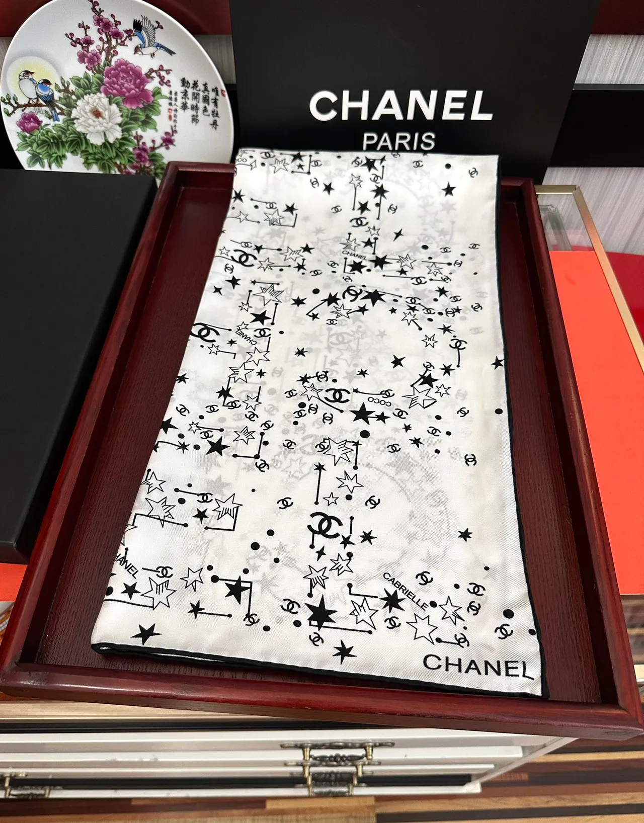 Chanel Beige Black Square Constellation Print Silk Scarf 8