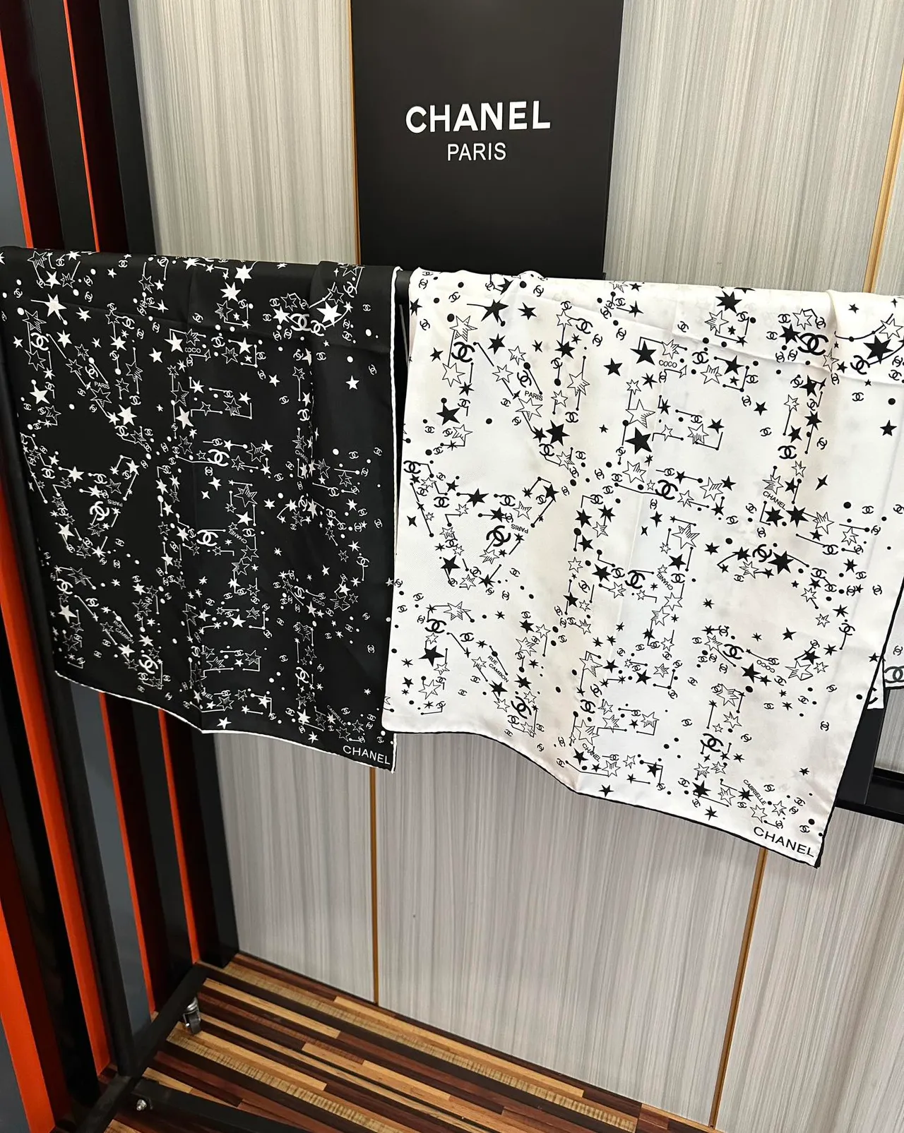 Chanel Beige Black Square Constellation Print Silk Scarf 9