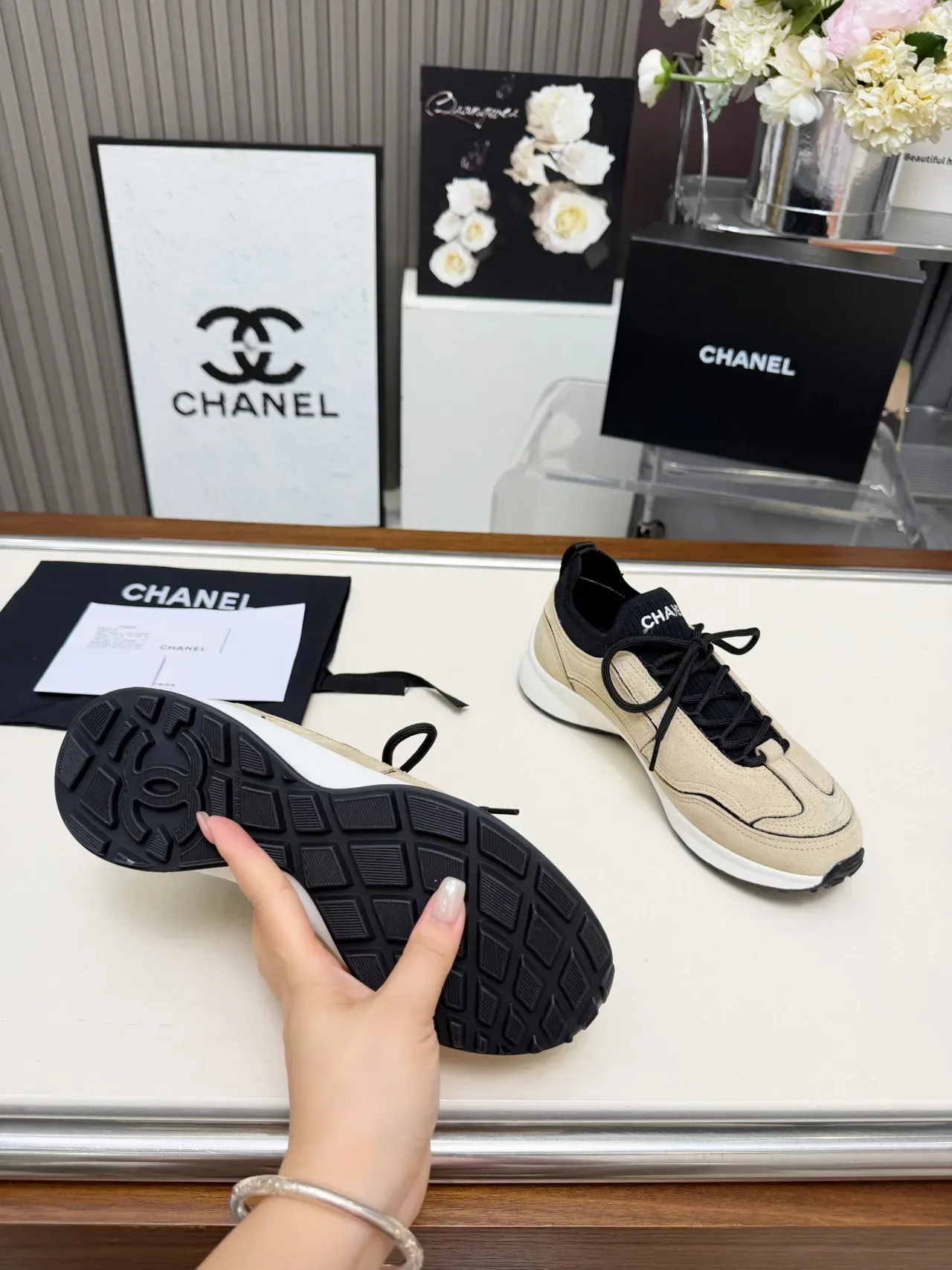 Chanel Beige Suede and Black Knit Lifestyle Sneakers 2