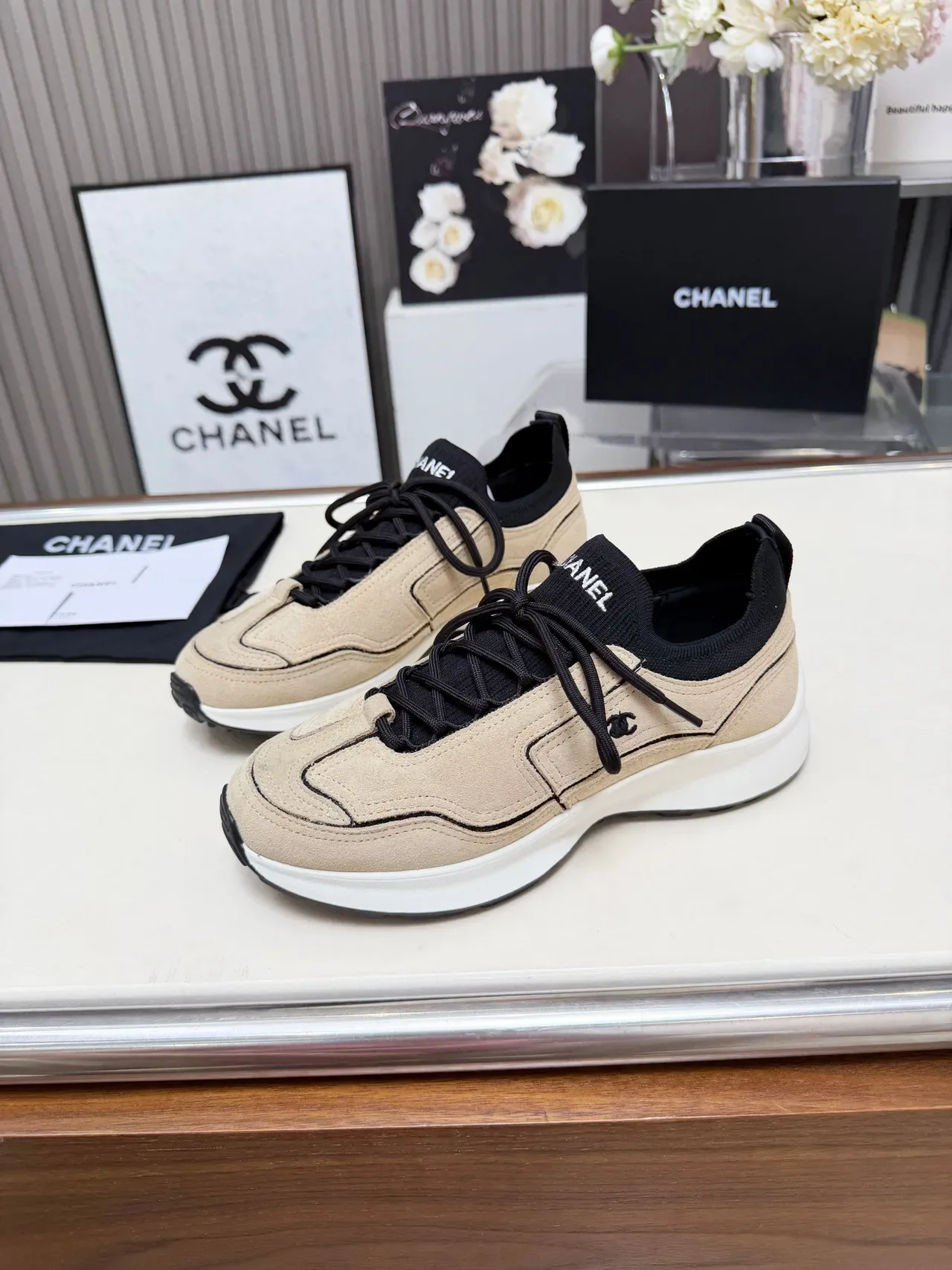 Chanel Beige Suede and Black Knit Lifestyle Sneakers 3