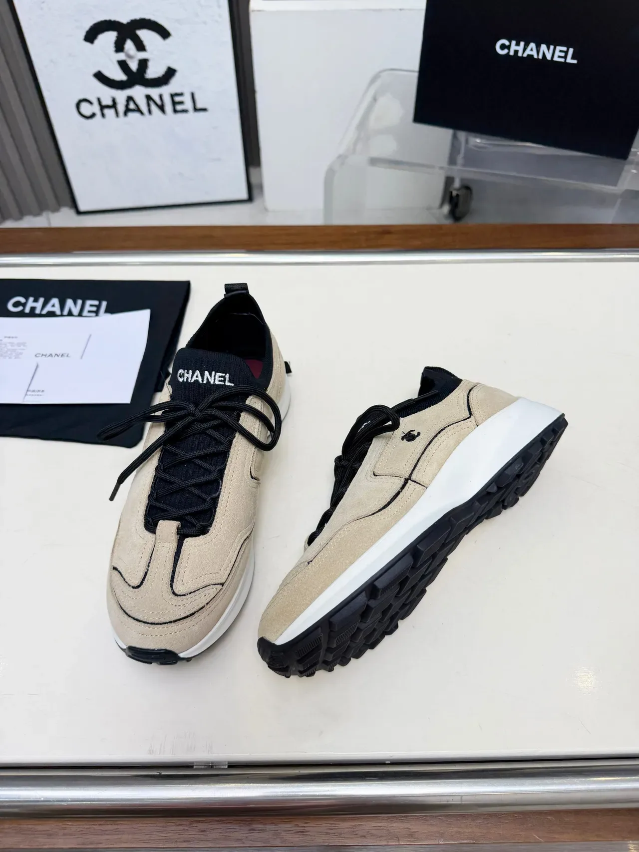 Chanel Beige Suede and Black Knit Lifestyle Sneakers 4