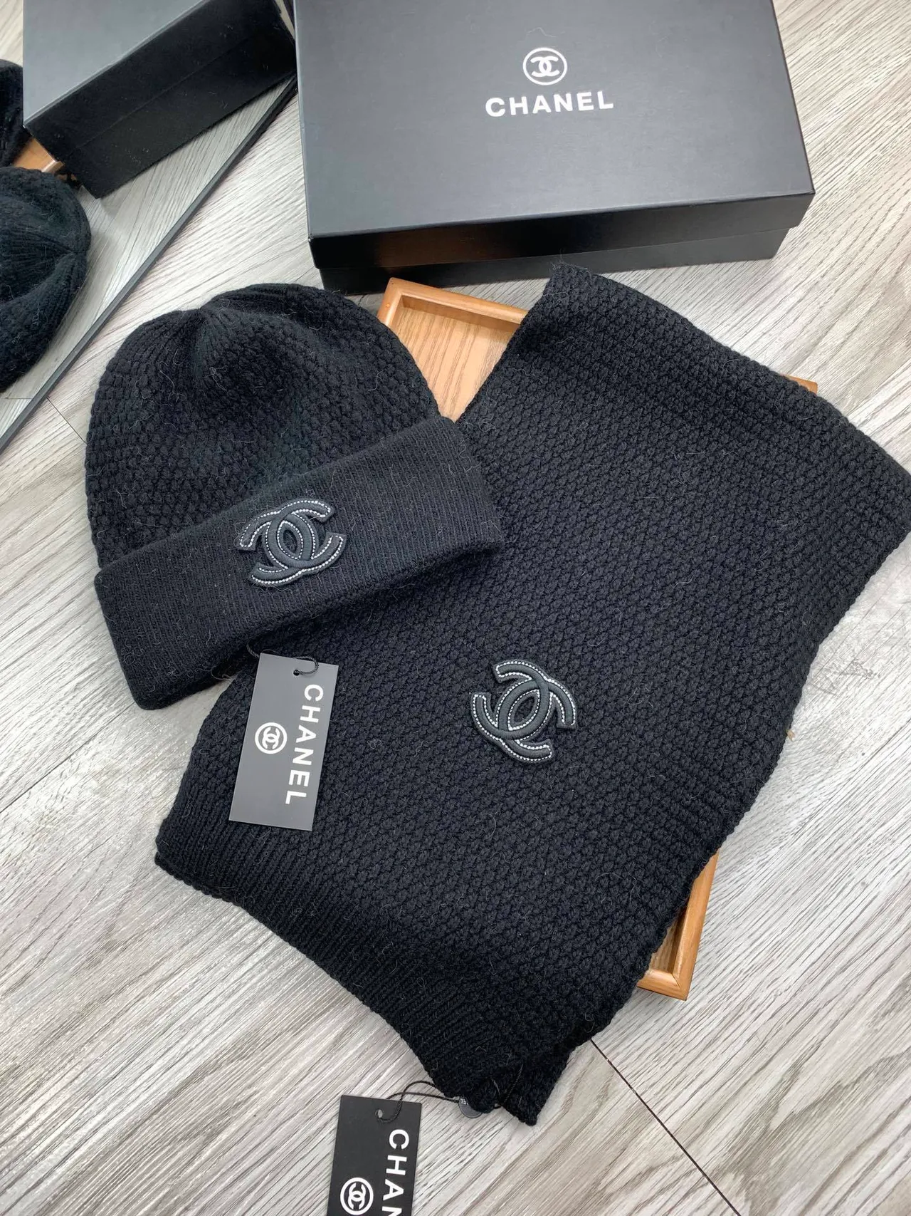 Chanel Black Beige Knitted Folded Cuff Beanie 2