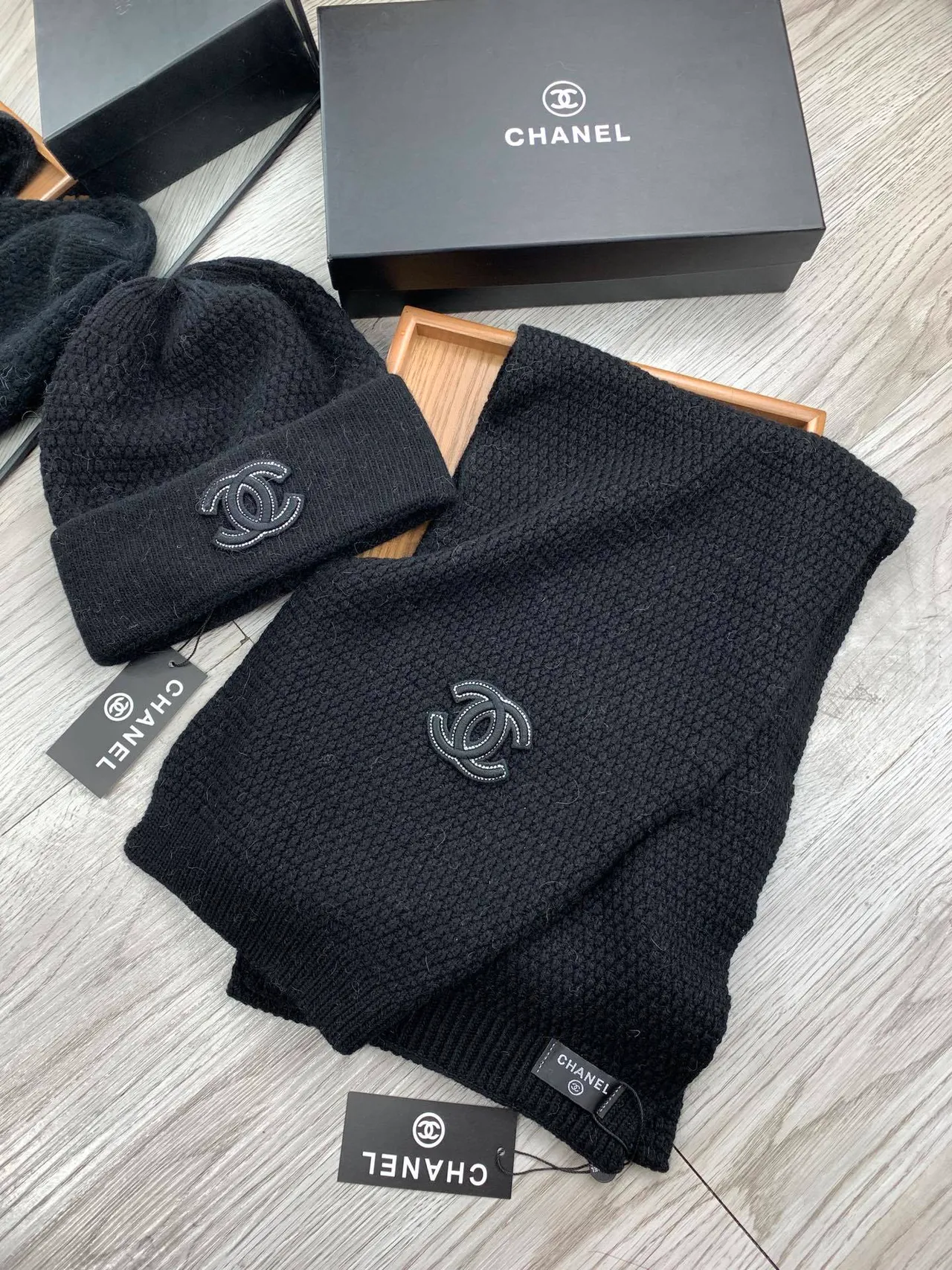 Chanel Black Beige Knitted Folded Cuff Beanie 3