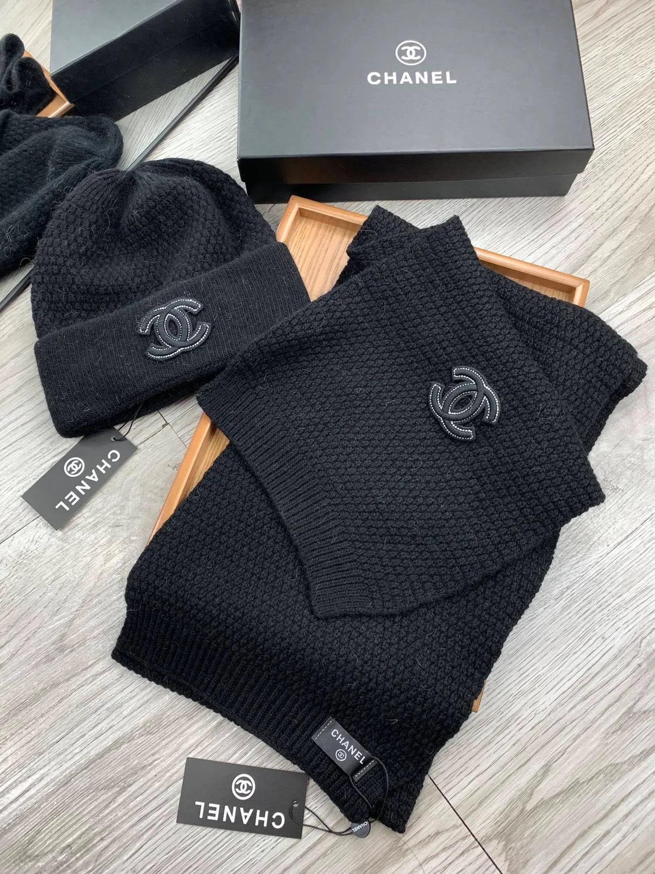 Chanel Black Beige Knitted Folded Cuff Beanie 4