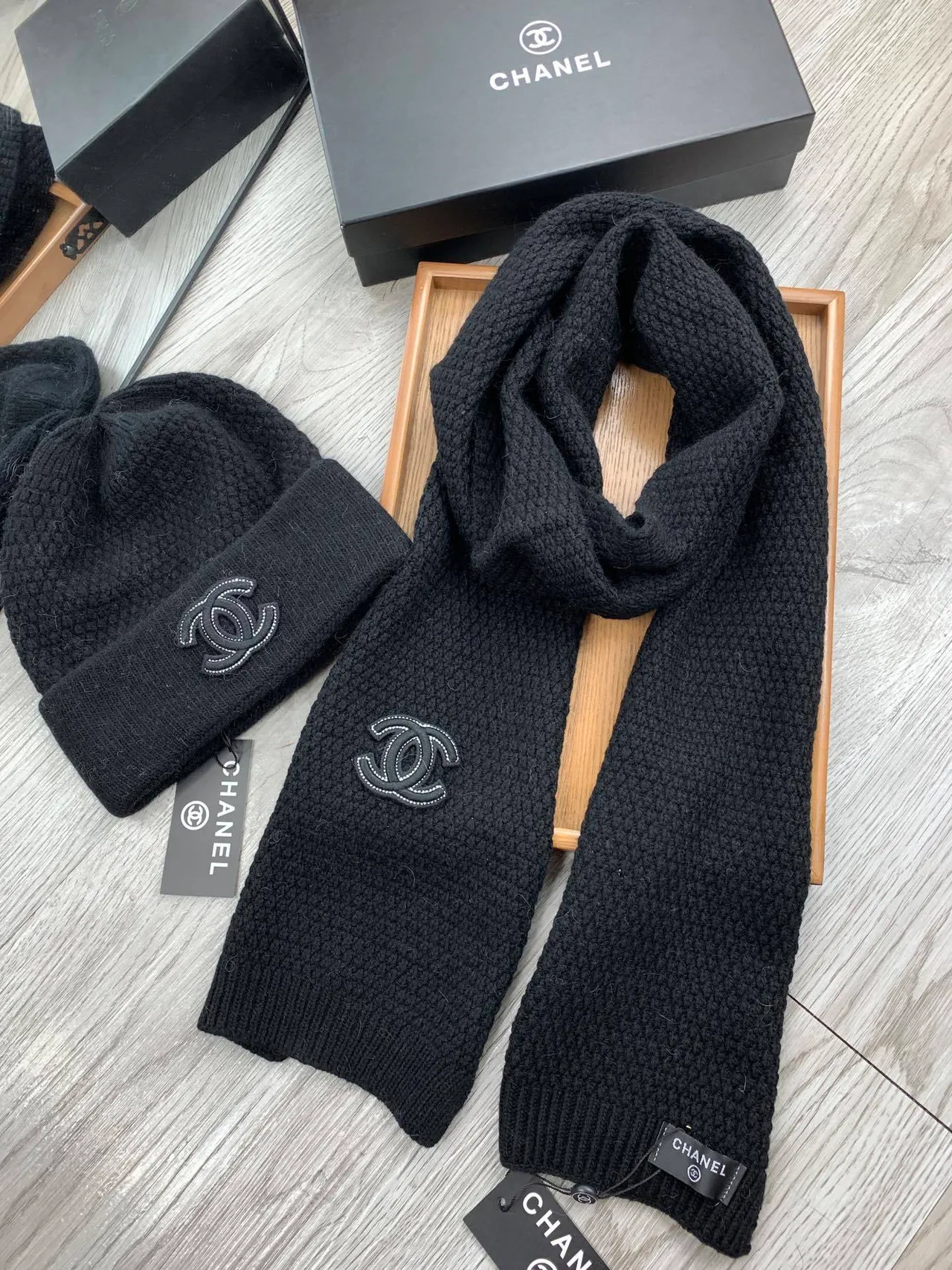 Chanel Black Beige Knitted Folded Cuff Beanie 5