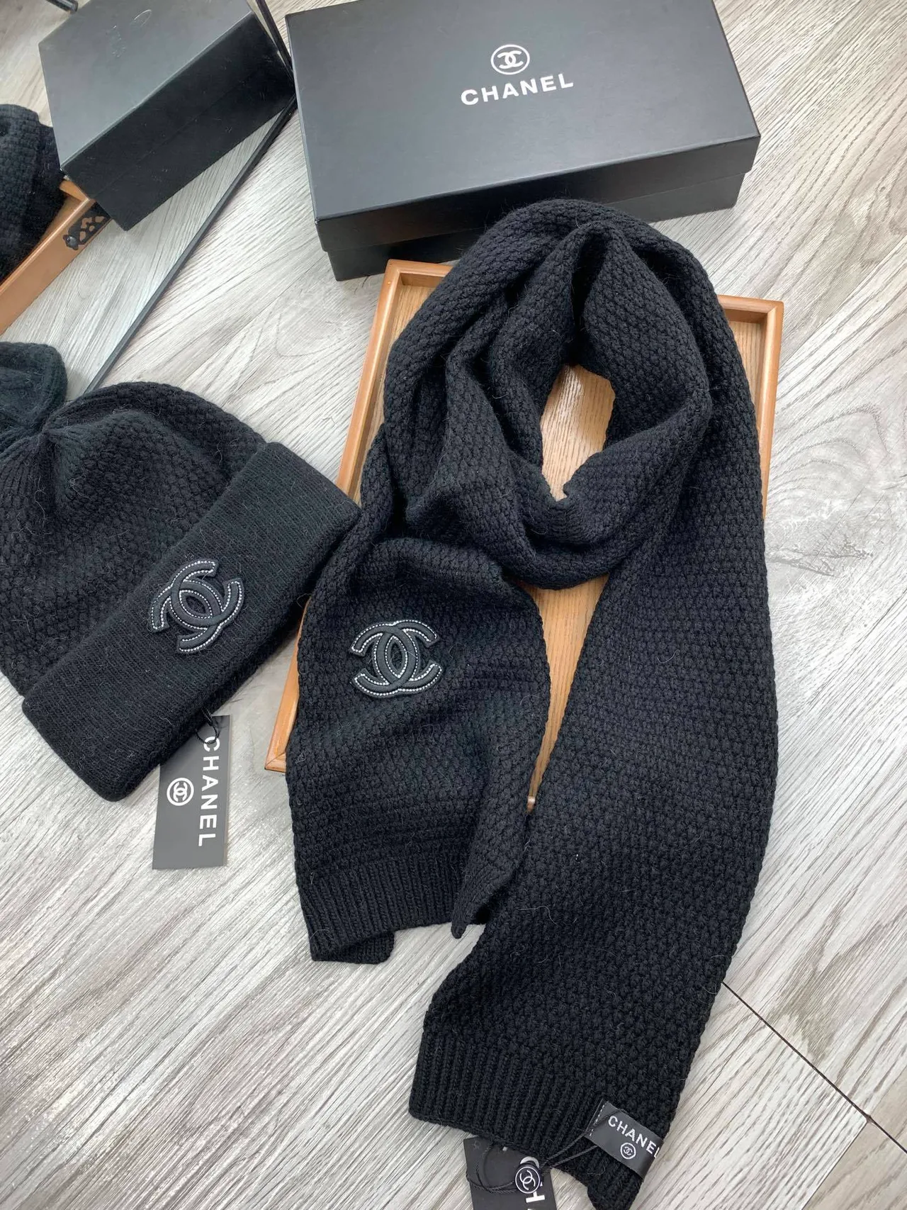 Chanel Black Beige Knitted Folded Cuff Beanie 6