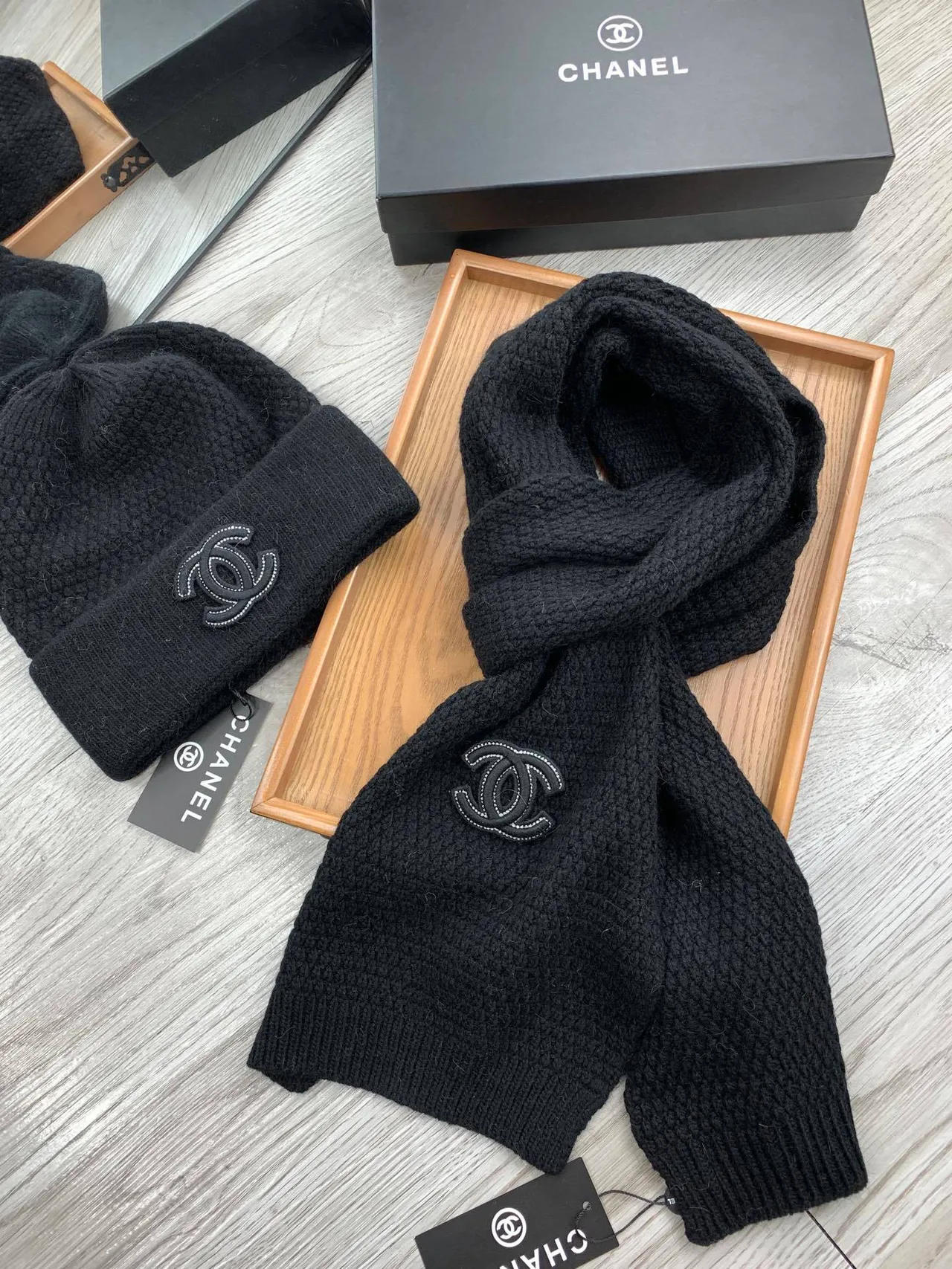 Chanel Black Beige Knitted Folded Cuff Beanie 7