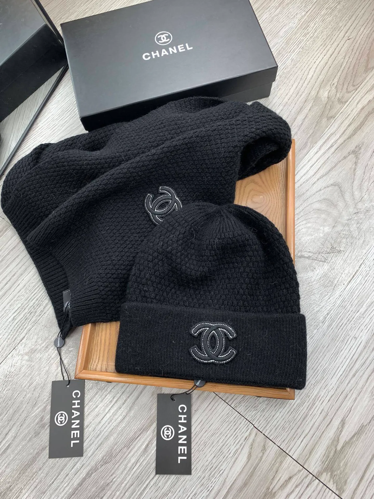 Chanel Black Beige Knitted Folded Cuff Beanie 8