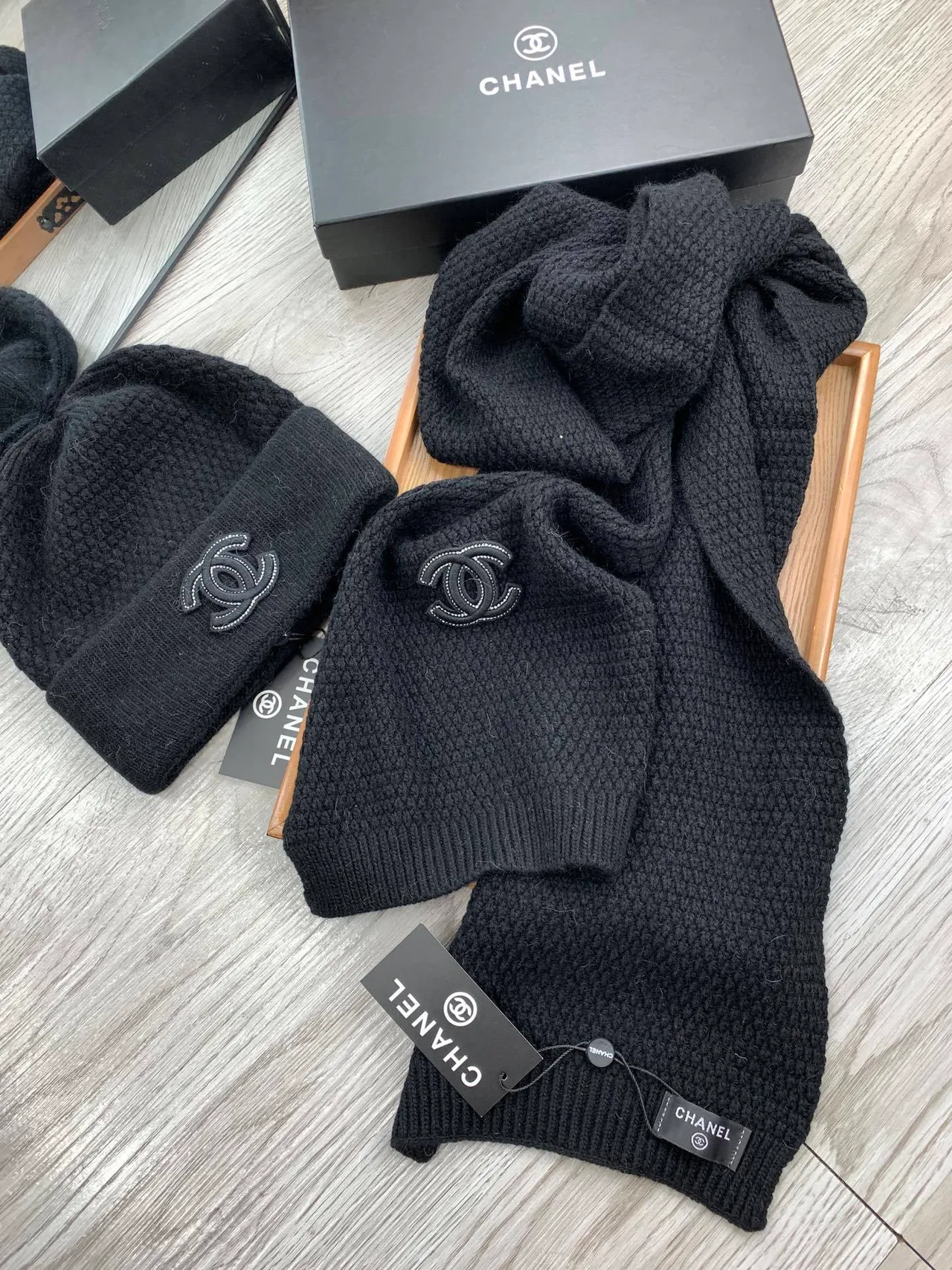 Chanel Black Beige Knitted Folded Cuff Beanie 9