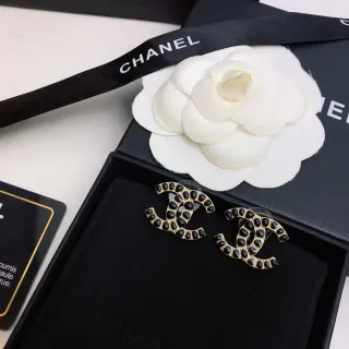 Chanel Black Gold Metal Pavé Stones Earrings