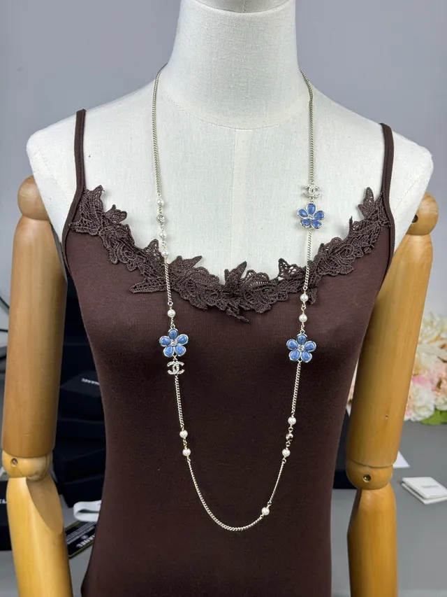 Chanel Blue Silver Multi-Chain Layered Enamel Flower Charms Necklace 3