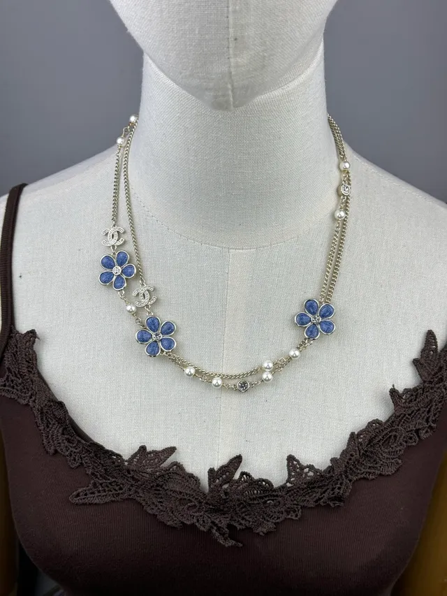 Chanel Blue Silver Multi-Chain Layered Enamel Flower Charms Necklace 4