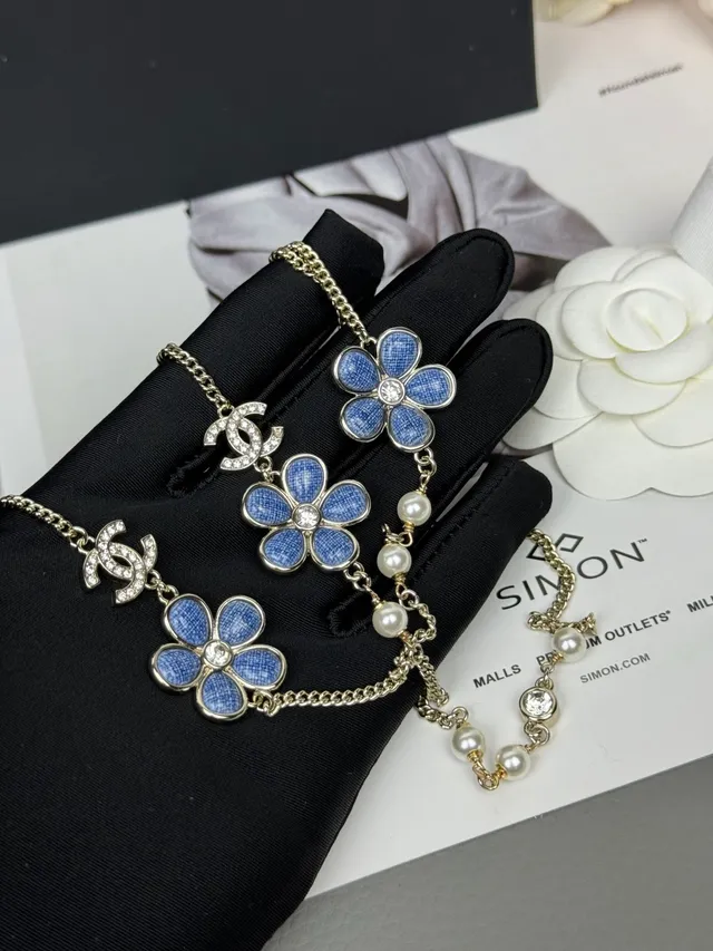 Chanel Blue Silver Multi-Chain Layered Enamel Flower Charms Necklace 6