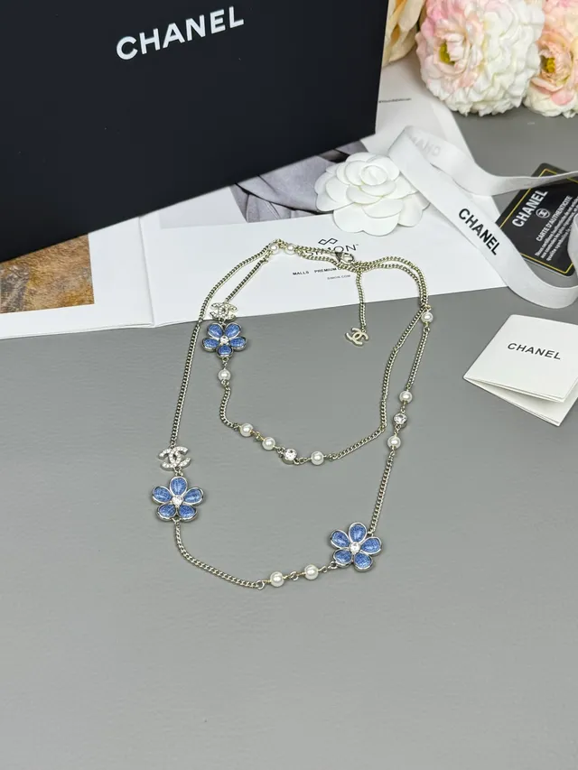 Chanel Blue Silver Multi-Chain Layered Enamel Flower Charms Necklace 7