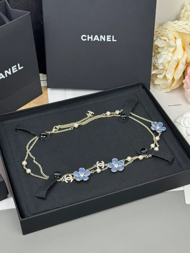 Chanel Blue Silver Multi-Chain Layered Enamel Flower Charms Necklace 8