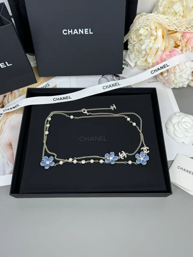 Chanel Blue Silver Multi-Chain Layered Enamel Flower Charms Necklace 9