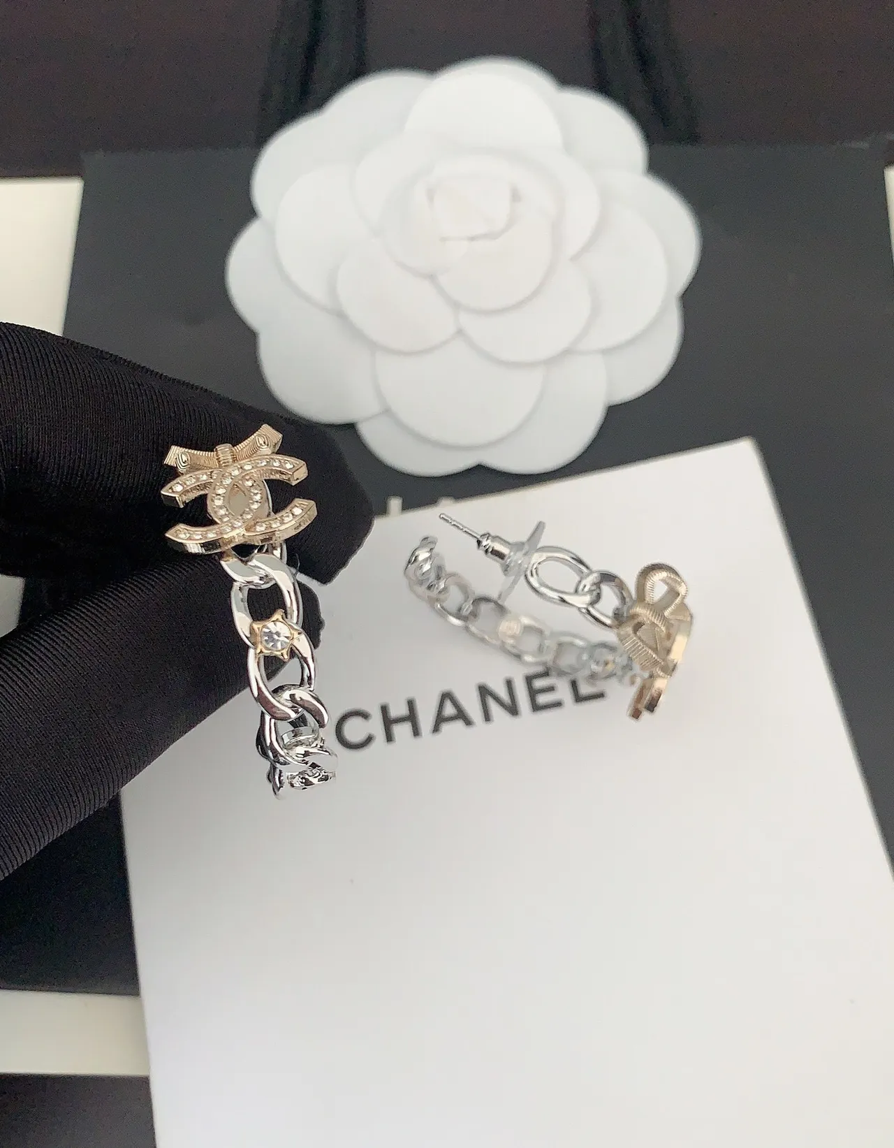 Chanel Bow & CC Pavé Crystal Chain Earrings 2