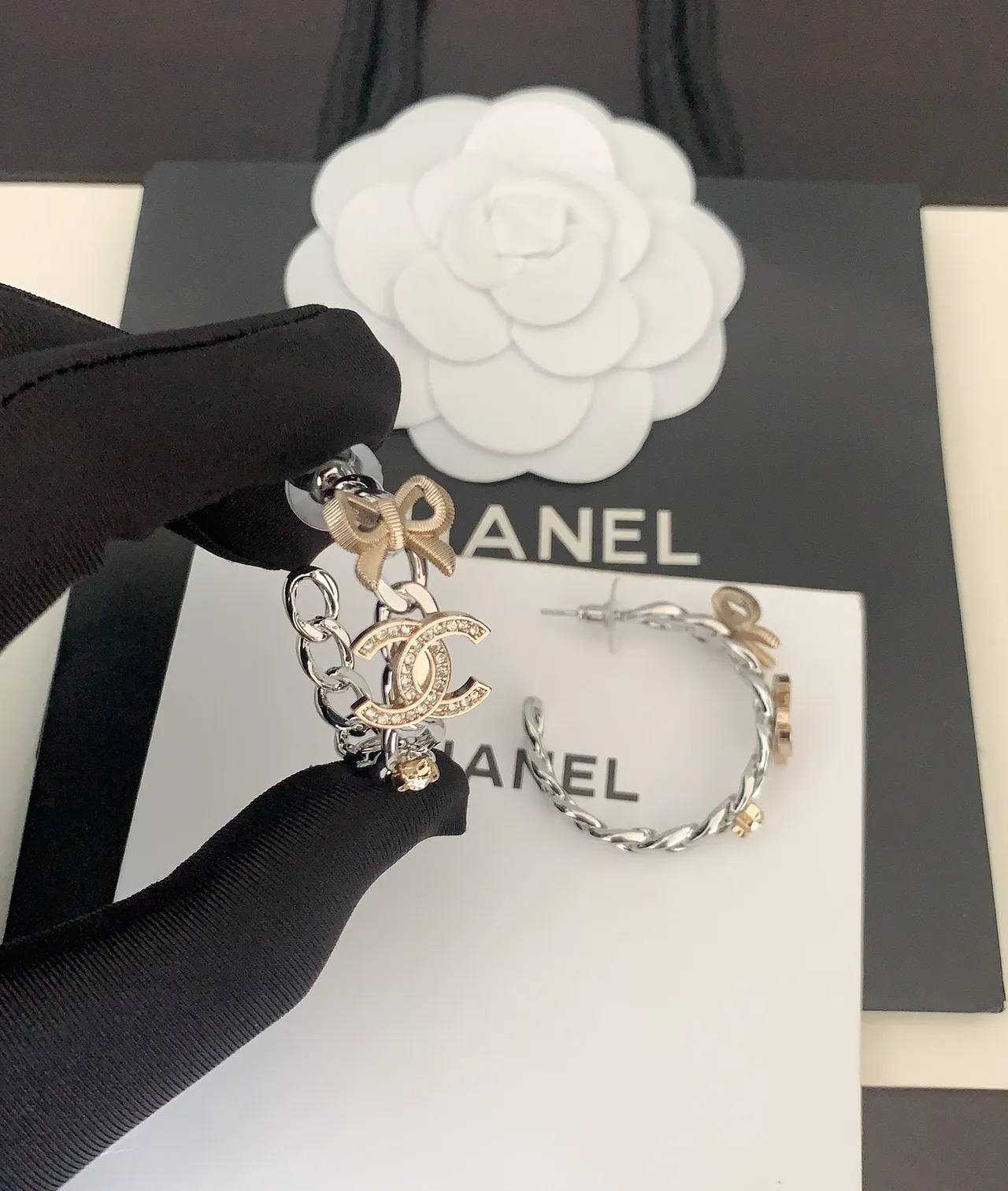 Chanel Bow & CC Pavé Crystal Chain Earrings 3
