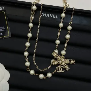 Chanel Bow Pearl Rosary Chain Necklace