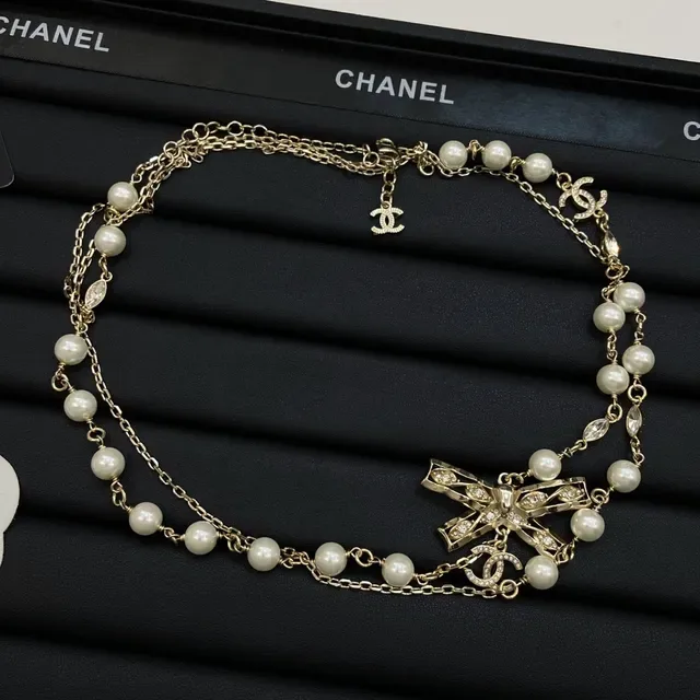 Chanel Bow Pearl Rosary Chain Necklace 4